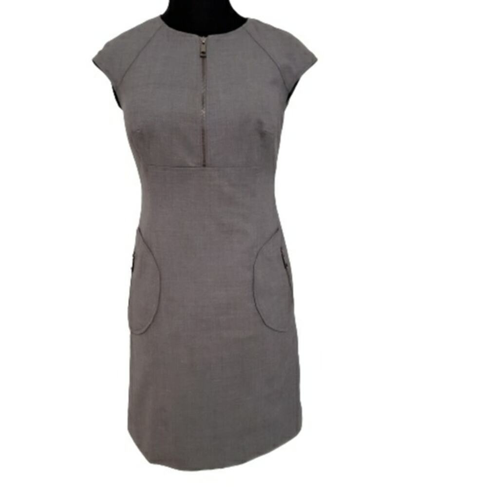 ECCOCI Gray Paneled Round Neck Cap Sleeve Zipper Front Midi Sheath Dress
